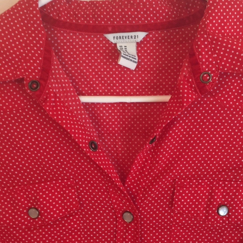 Red and White polka dot button down shirt